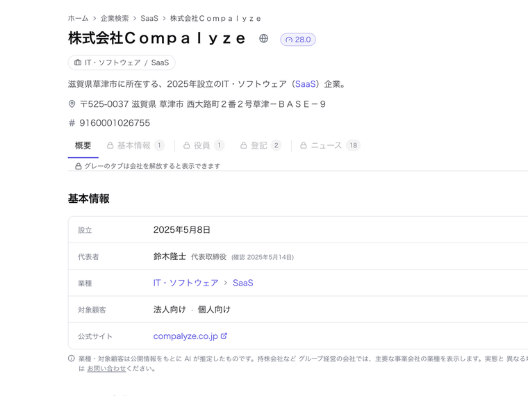 Compalyzeの企業ページ。設立・代表者・業種などの基本情報を一覧できる
